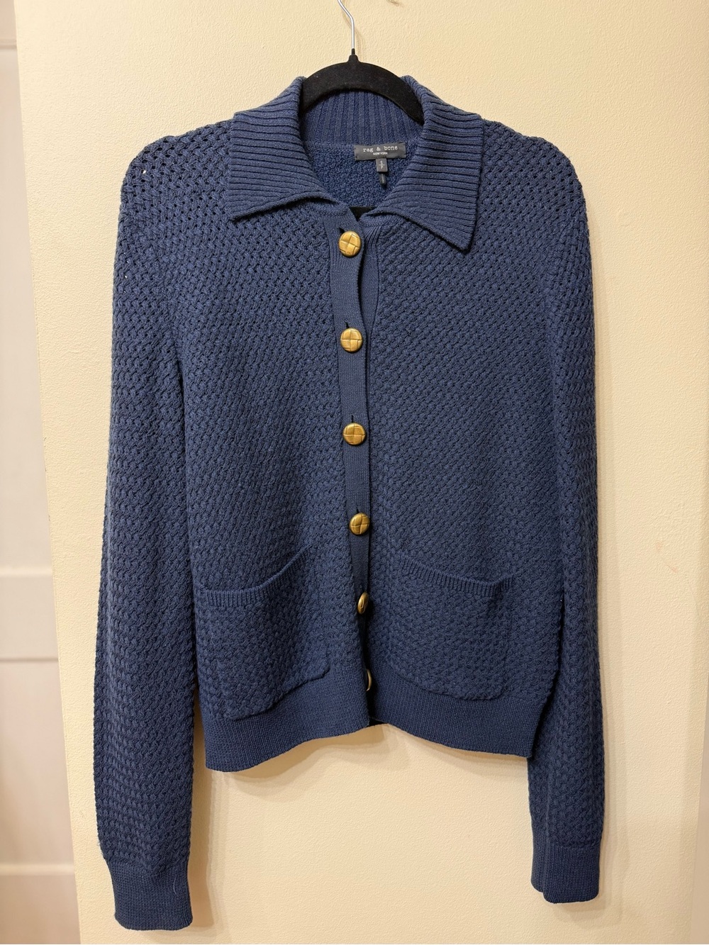 Rag & Bone S Basket Weave Knit Merino Blend Knit Preppy Navy Cardigan Gold - Picture 6 of 15